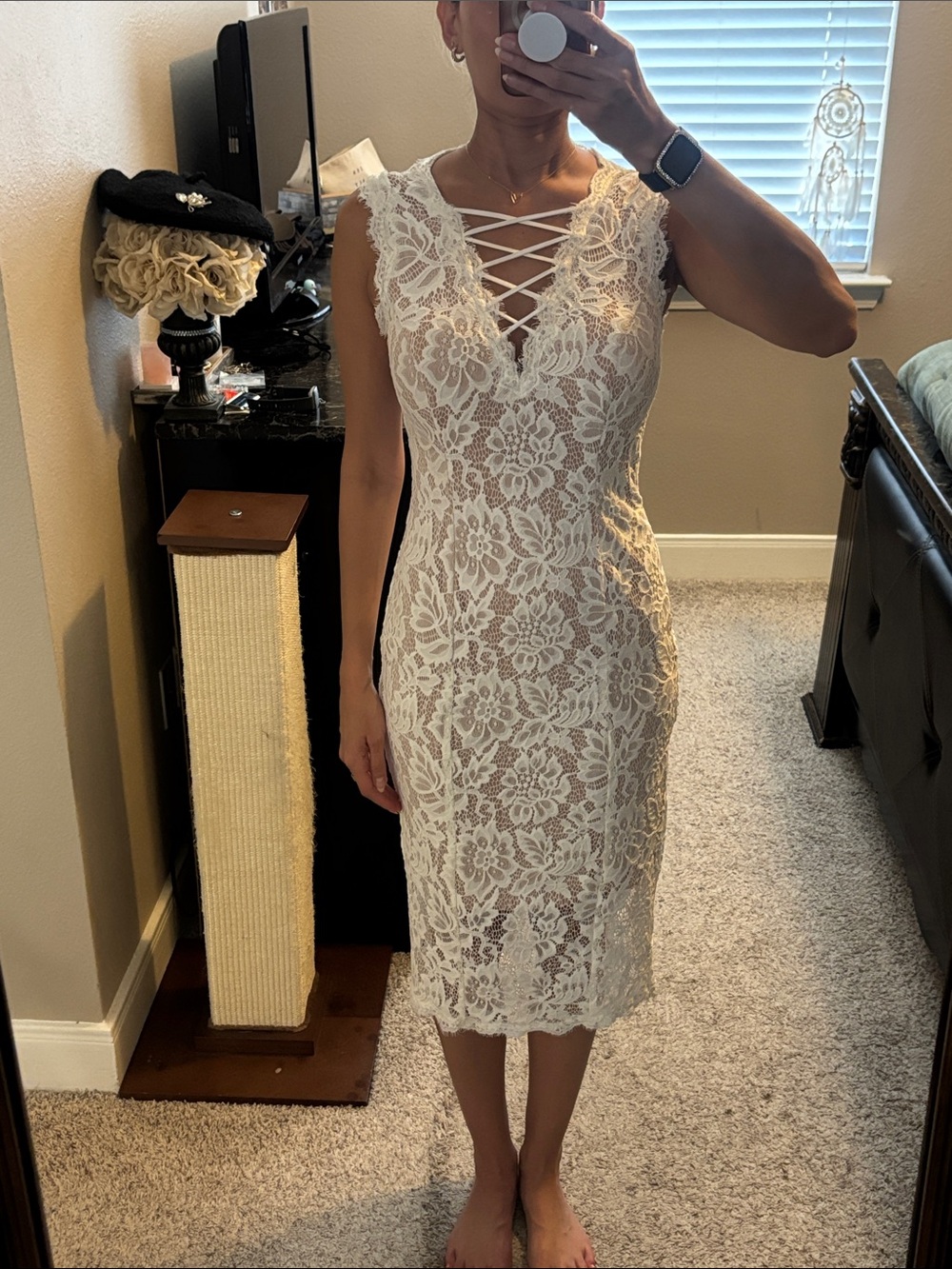 Betsy & Adam White Lace Crisscross V-Neck Midi Dress